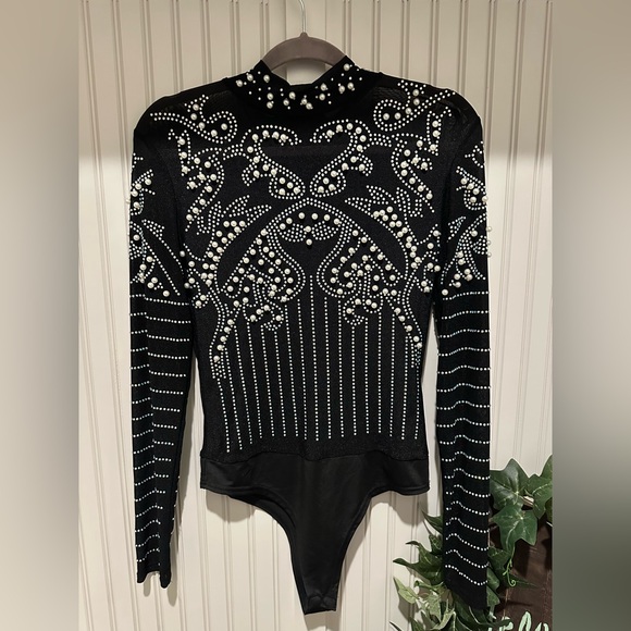 Tops - Black Mesh Rhinestone & Pearl Bodysuit - *Never Worn*